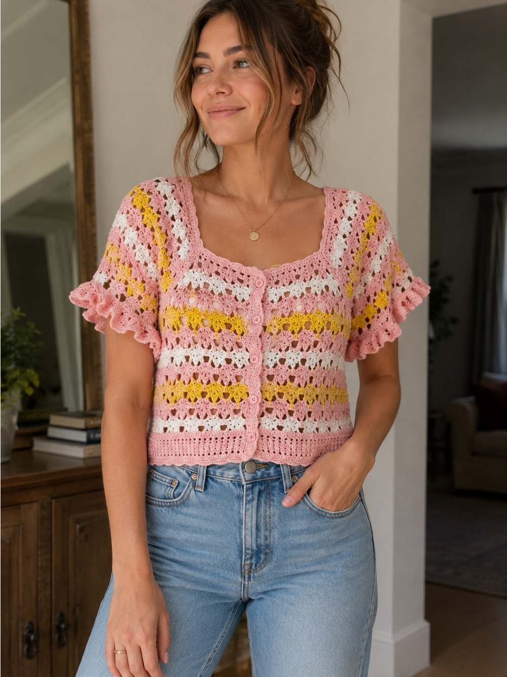 NewIn- Crop Top Hand-Crochet Button-Front in Pink, Yellow & White